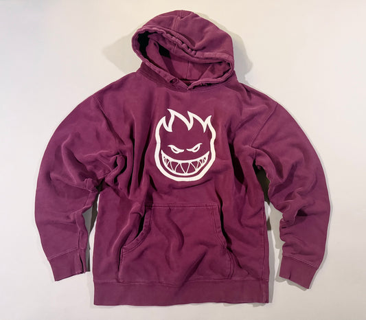 Spitfire Bighead plum purple pullover hoodie with oversized white flame logo laid flat.
