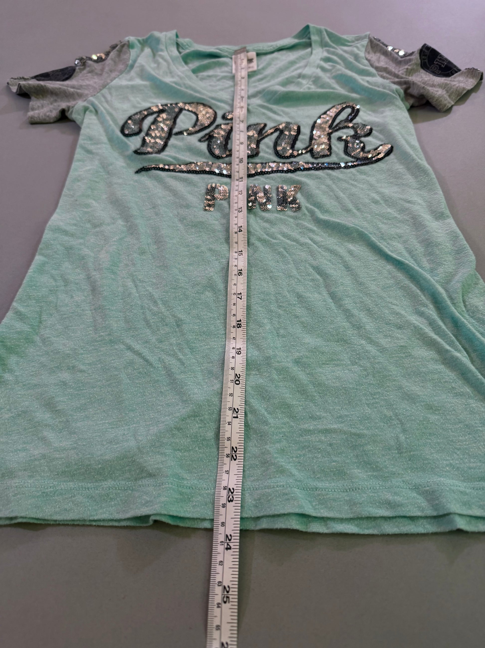 Y2k PINK aqua blue green sequin logo V-neck shirt displayed with full length measurement.