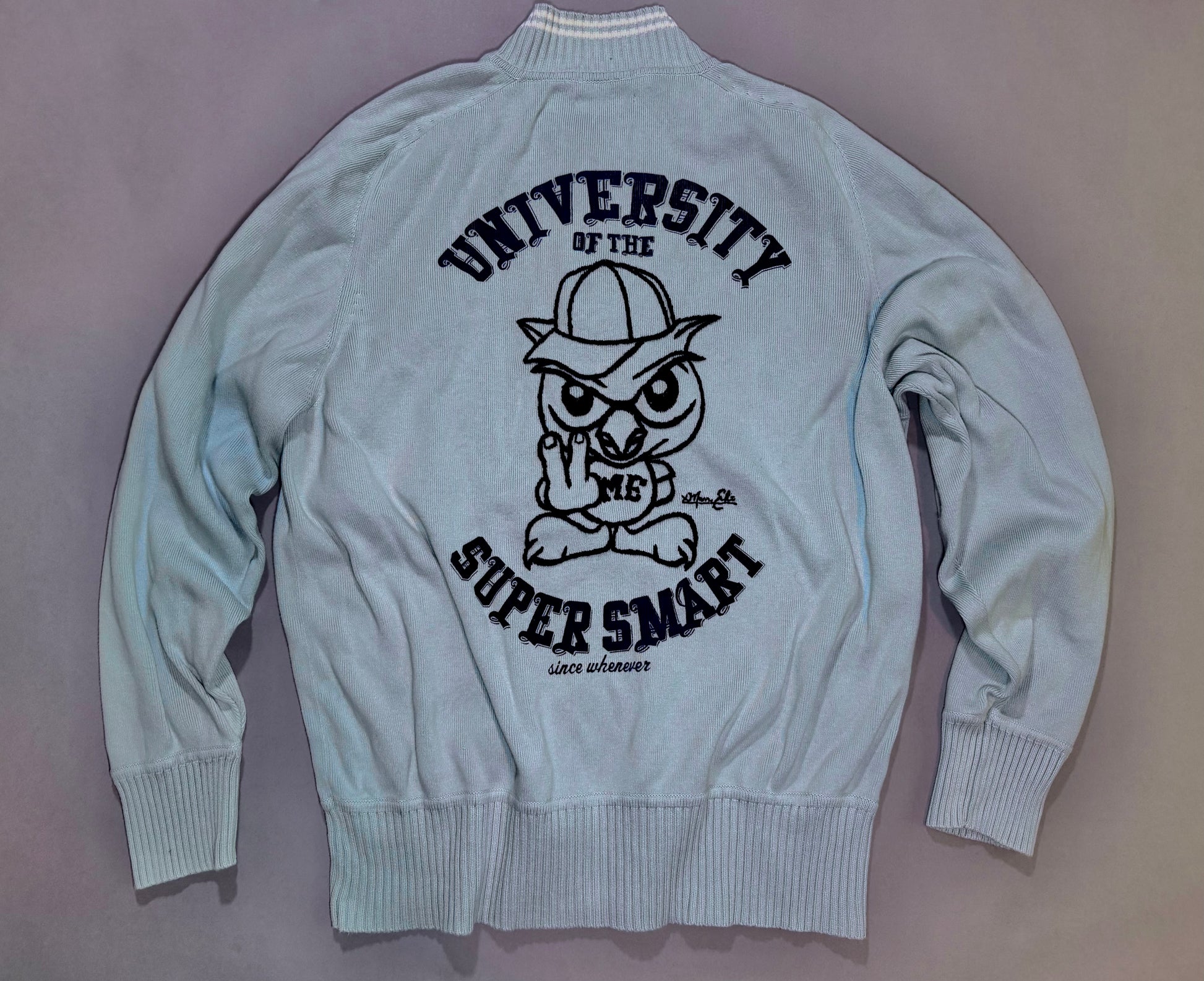 Back of vintage Marc Ecko cardigan featuring oversized University of the Super smart embroidered owl mascot graphic.