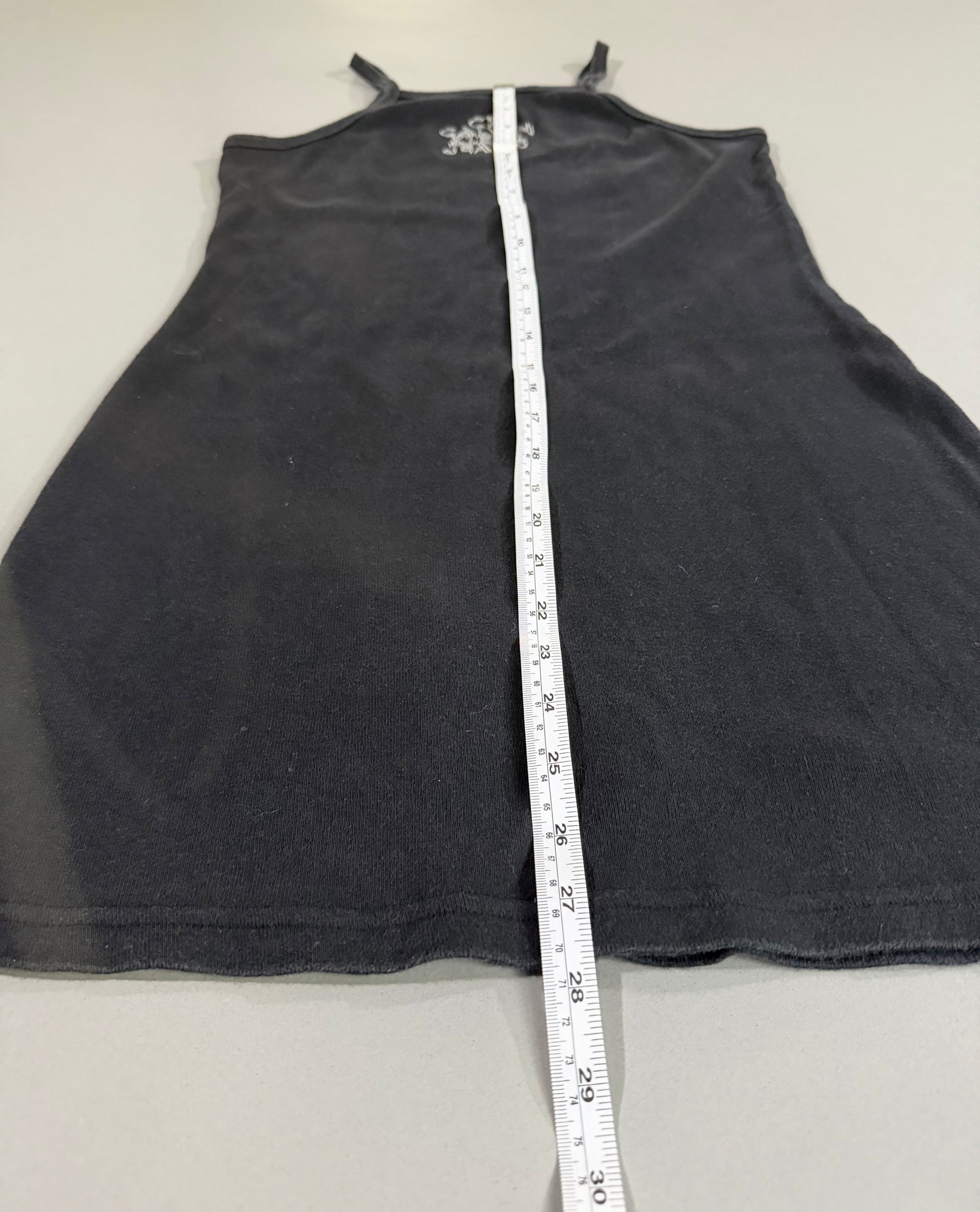 Length measurement of vintage black Calvin Klein Jeans casual dress. 
