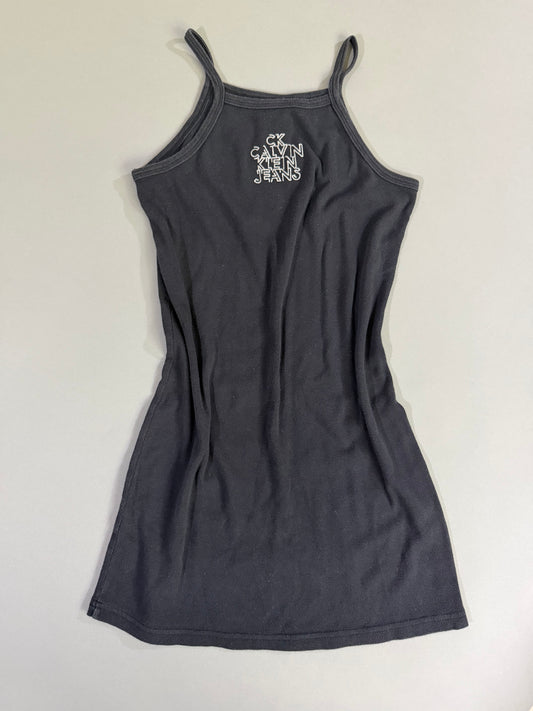 Vintage Calvin Klein Jeans black fitted mini dress with printed stacked CK logo on front.