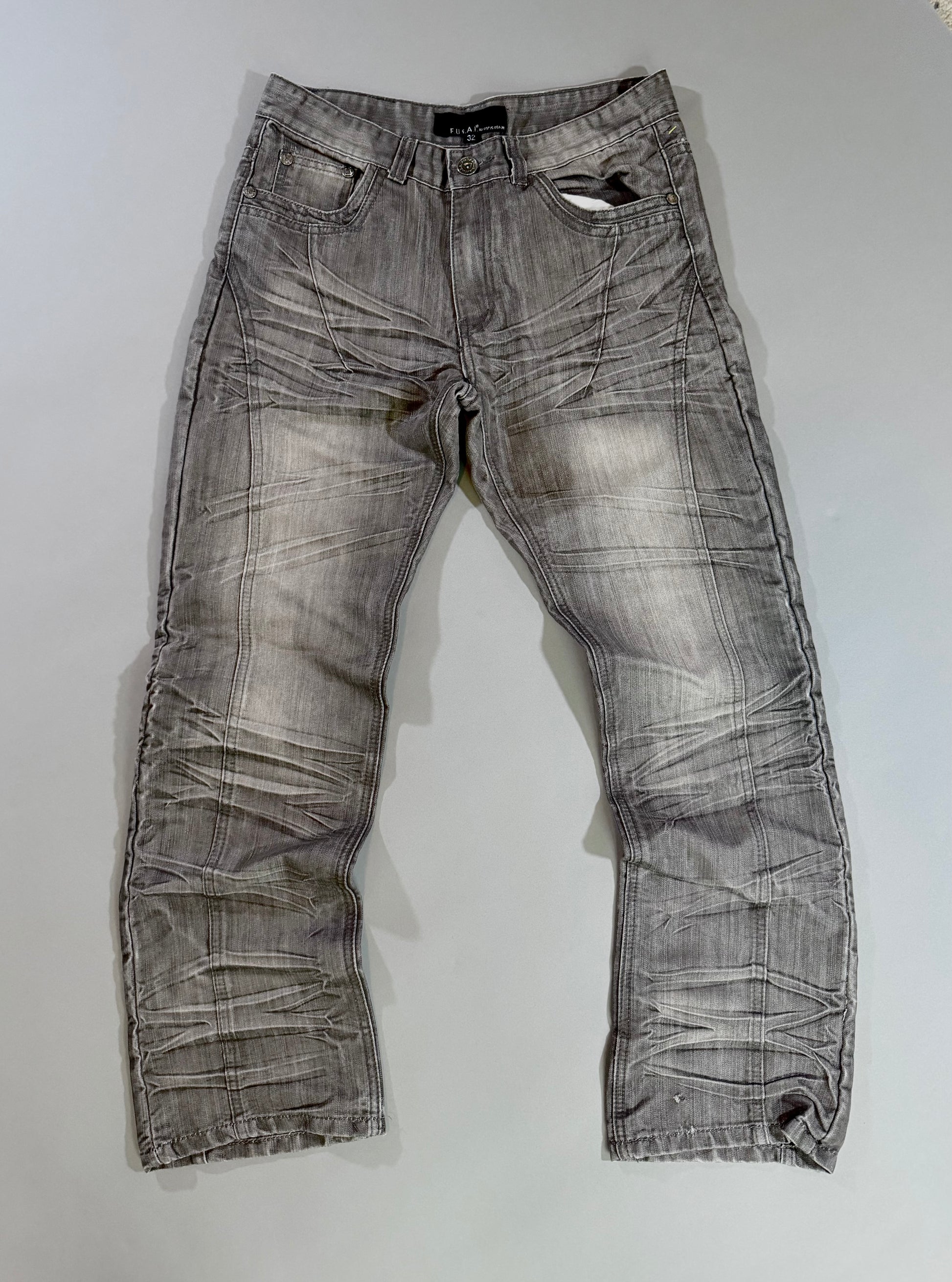 Front view of mid-2000s F.U.S.A.I. grey wash men’s jeans with heavy whiskering and moto seam detailing.