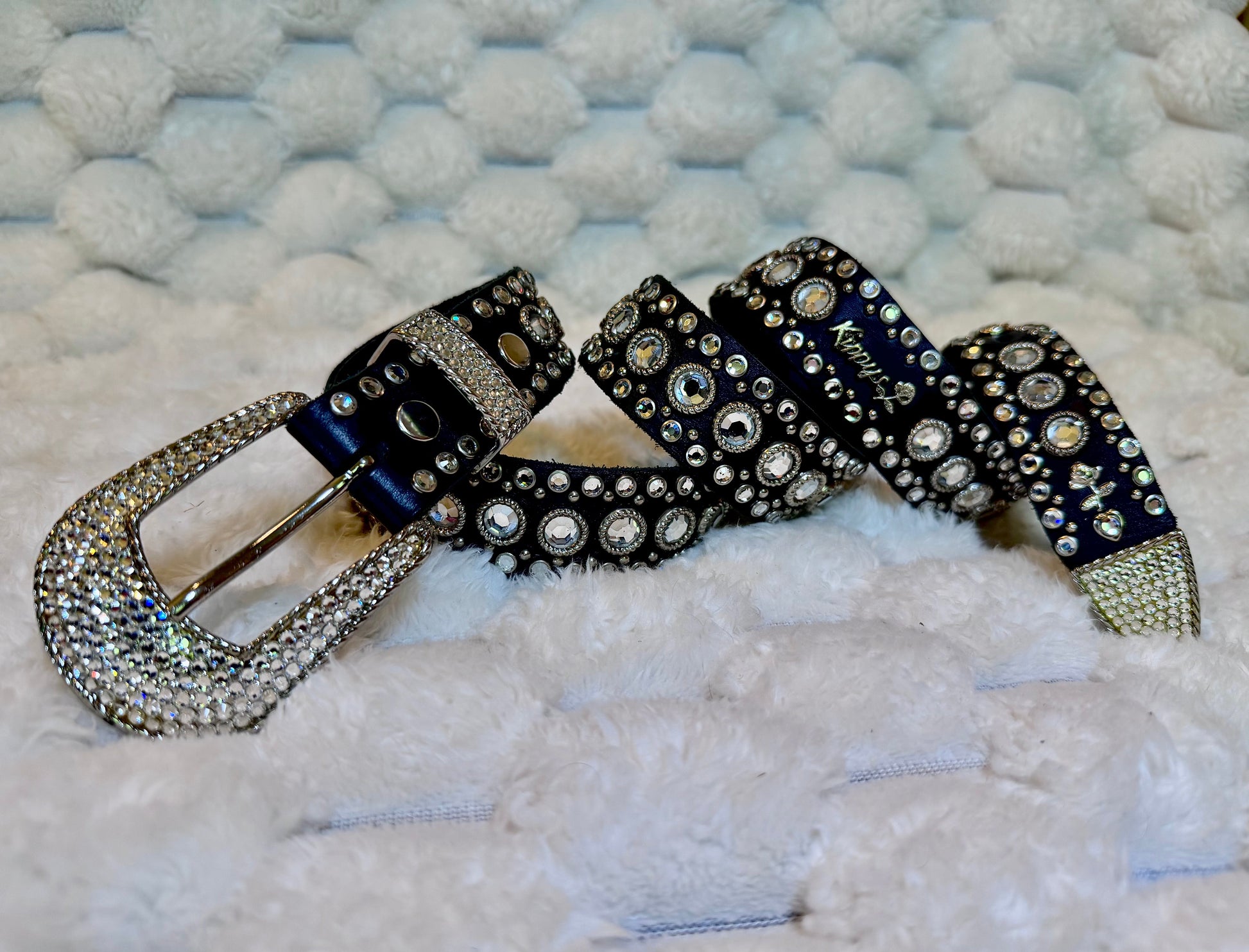 Vintage Kippy’s black leather Swarovski crystal studded belt with silver rhinestone buckle, keeper and tip.