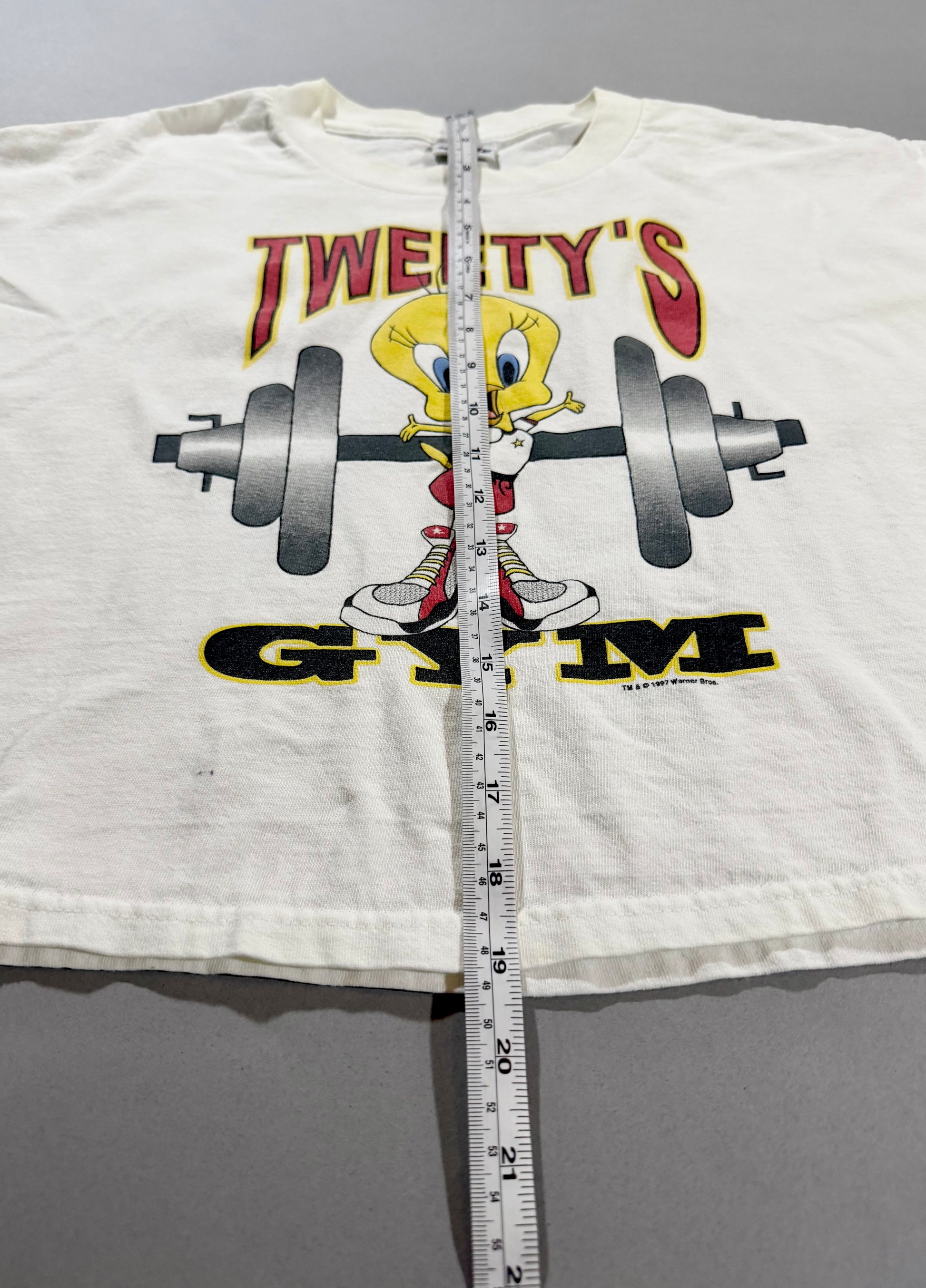 Front view showing shirt length measurement on vintage Looney Tunes T-shirt.
