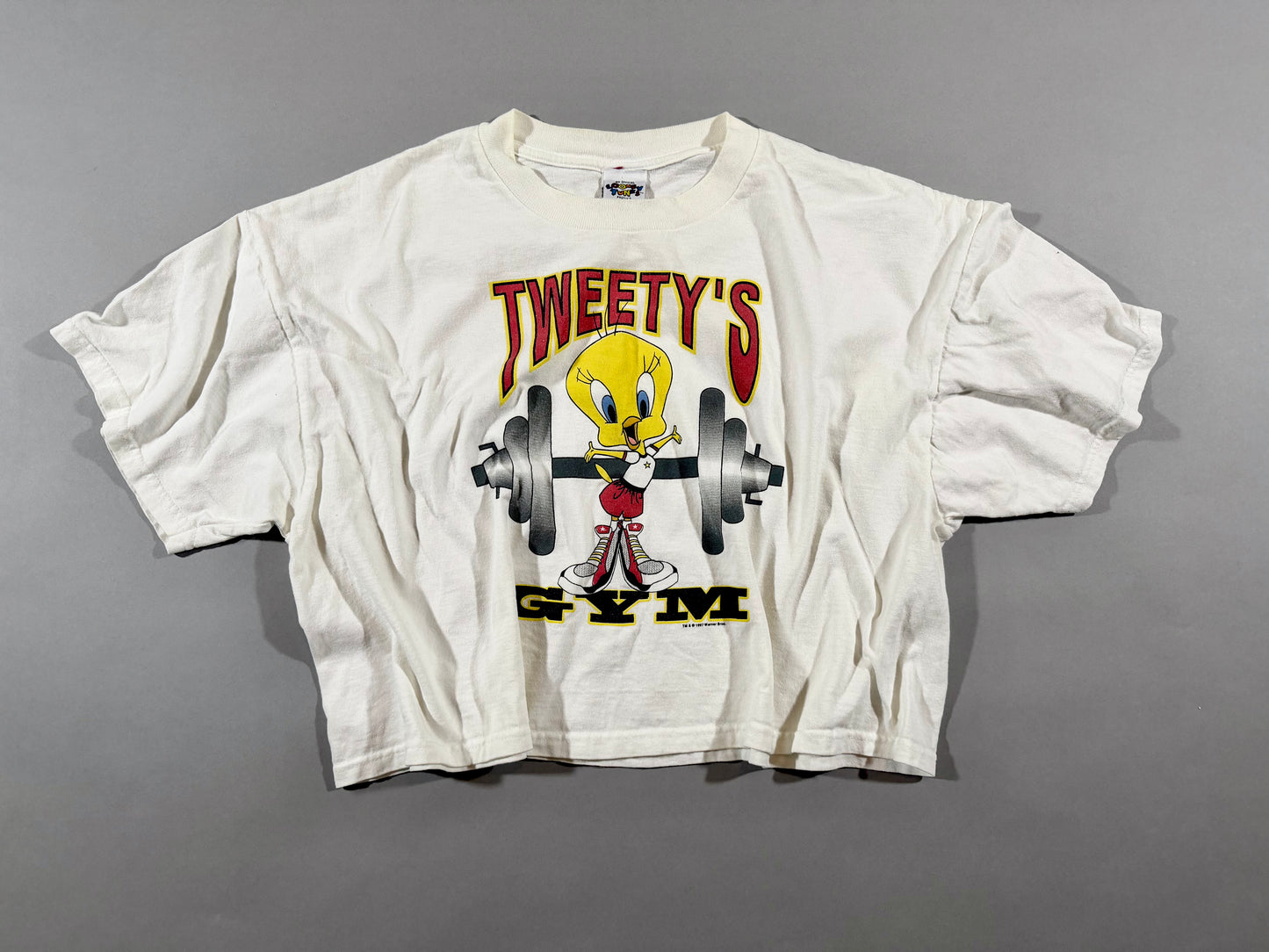 Vintage 1997 Tweety’s Gym Looney Tunes graphic T-shirt laid flat.