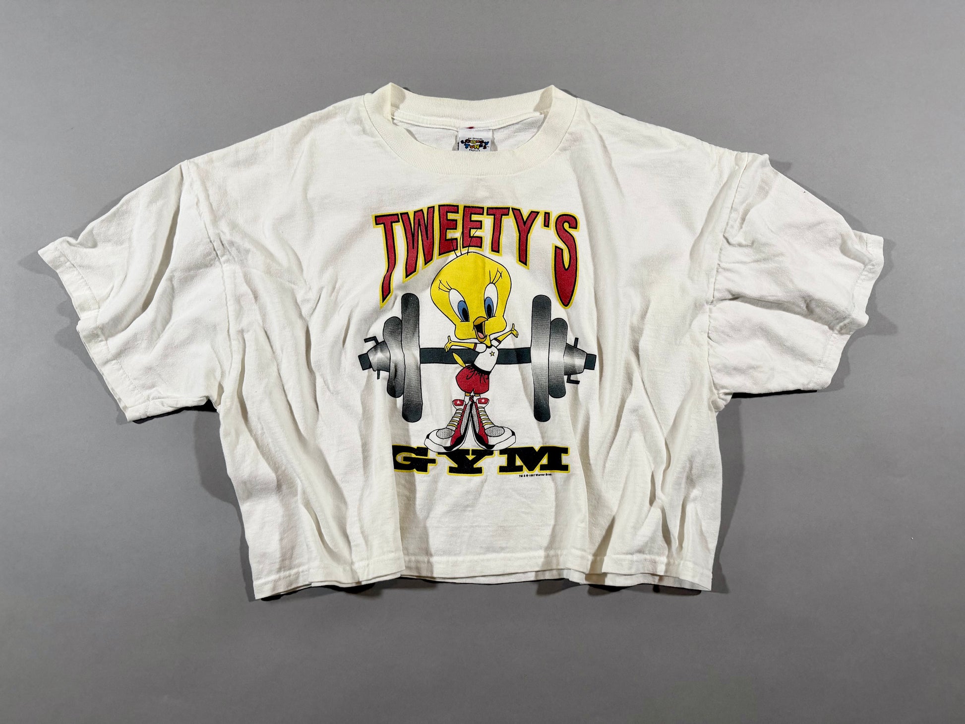 Vintage 1997 Tweety’s Gym Looney Tunes graphic T-shirt laid flat.
