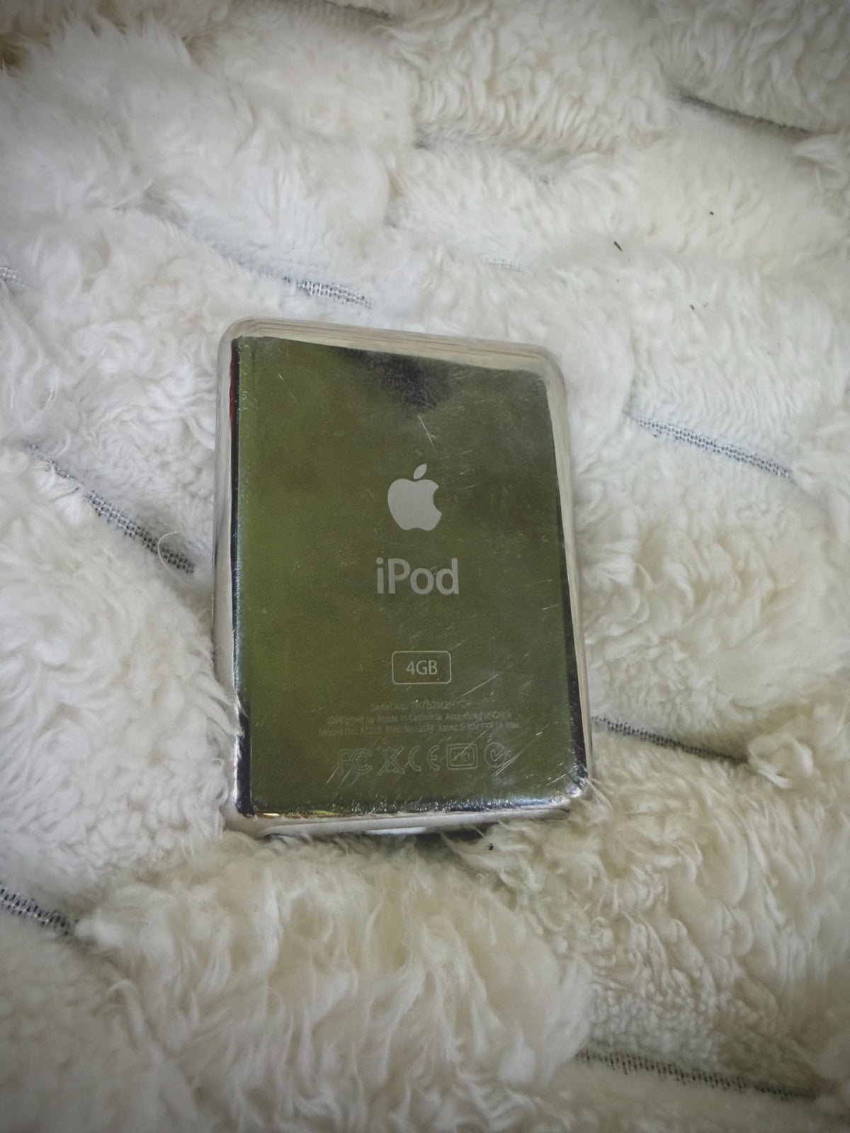 Back of silver Apple iPod nano 3rd generation showing polished metal casing, Apple logo, and 4GB storage marking.