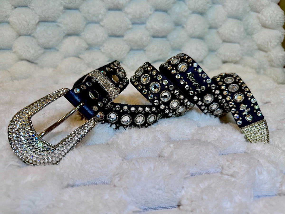 Vintage Kippy’s black leather Swarovski crystal studded belt with silver rhinestone buckle, keeper and tip.