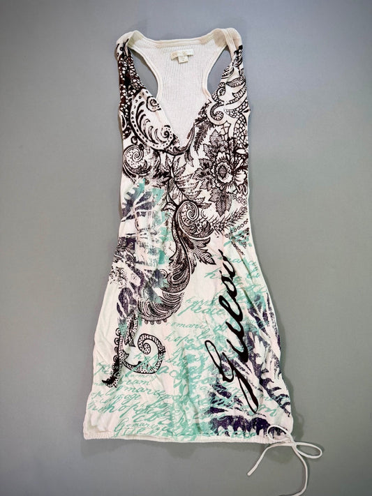 Front view of an estimated 2008 Guess Jeans ribbed racerback tunic dress with paisley floral graphic and oversized Guess logo.