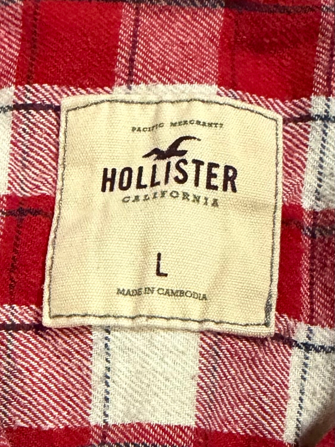 Close-up of square hollister neck tag showing size L