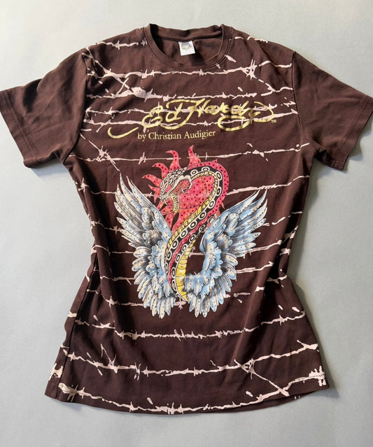 Photo of vintage Ed hardy tee in brown with alll over barbed wire print and rhinestone studded snake graphic. 